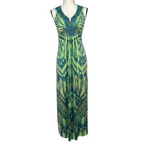 APT. 9 Women’s Maxi Dress XS Sleeveless Embroidered V‑Neck Green Blue Boho